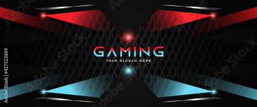 Futuristic red and blue abstract gaming banner design template with metal technology concept. Vector illustration for business corporate promotion, game header social media, live streaming background