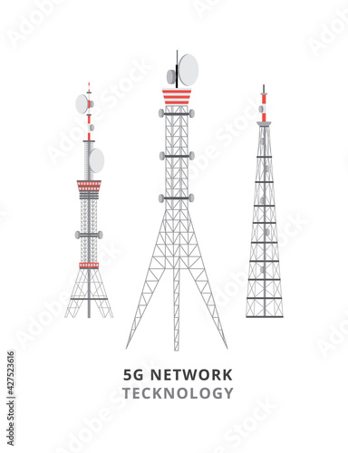5G network technology banner with telecommunication towers vector illustration.