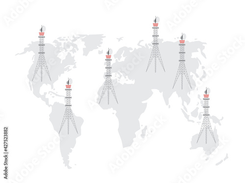 Telecommunication tower network on world map, global connection