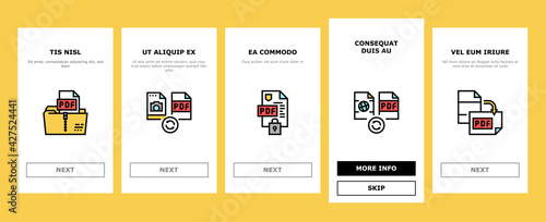 Pdf Electronic File Onboarding Mobile App Page Screen Vector. Pdf Document Format Cut And Archiving, Locked And Editing, Download And Save Illustrations