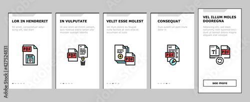 Pdf Electronic File Onboarding Mobile App Page Screen Vector. Pdf Document Format Cut And Archiving, Locked And Editing, Download And Save Illustrations