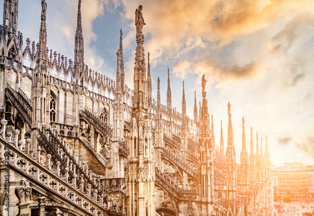 View from Roof terraces of the famous Duomo Cathedral of Milan against sky