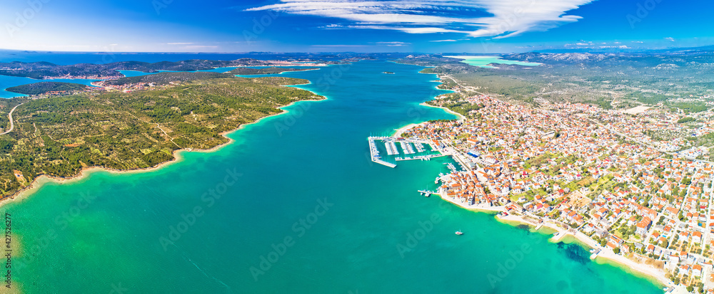 Adriatic town of Pirovac and Murter island panoramic aerial view