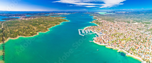 Adriatic town of Pirovac and Murter island panoramic aerial view