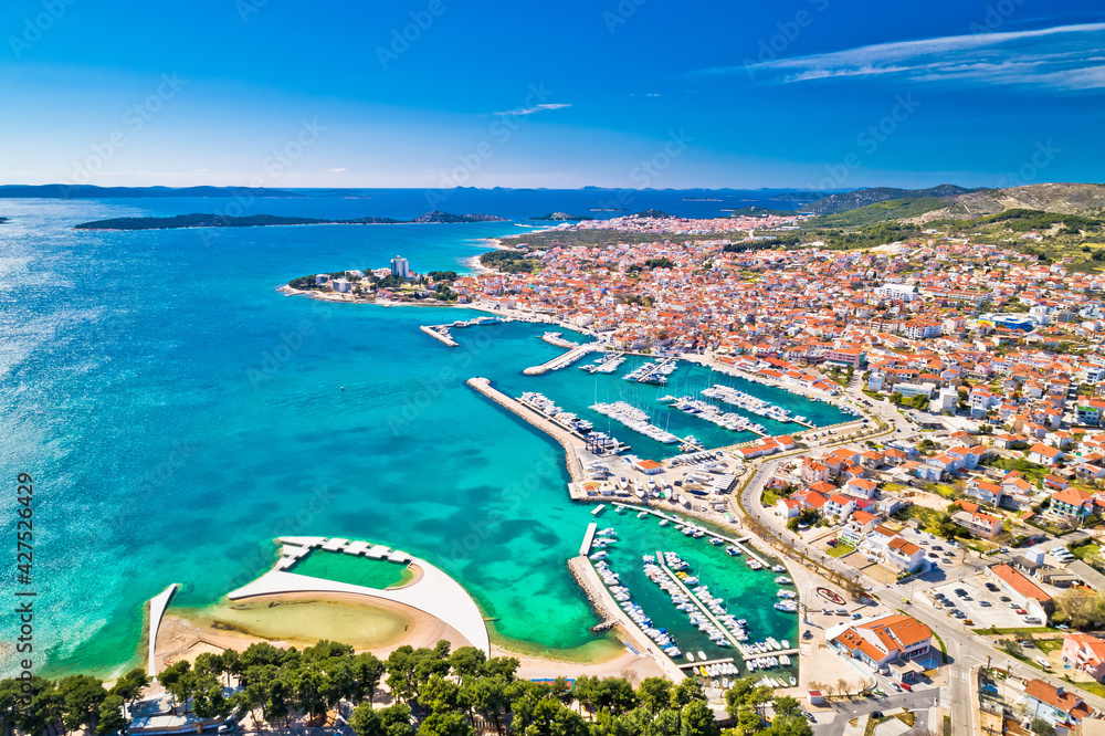 Adriatic town of Vodice waterfront aerial view