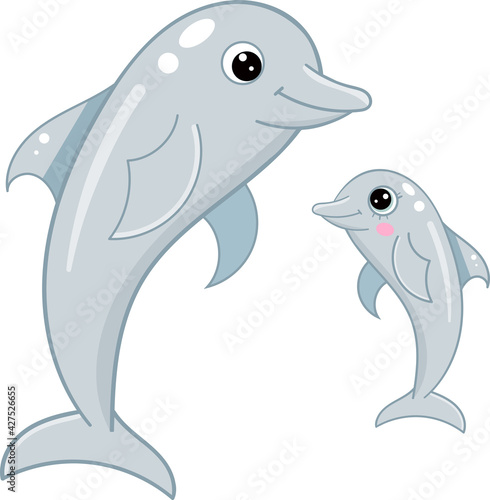 Cute dolphin mother and child cartoon characters. Vector underwater fish childish illustration.