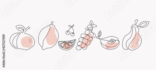 Fruit set line art. Lemon, apple, grapes, pear and cherry drawn in one line. Vector graphics, isolated background.