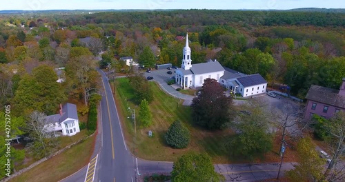 Unitarian Universalist Area Church aerial view on Washington Street in historic town center in fall, Sherborn, Boston Metro West area, Massachusetts MA, USA. photo