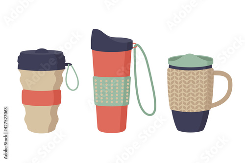 Reusable cups, tumblers and thermo mug with cover. Set of thermos for take away coffee. Zero waste. Vector illustrations in flat cartoon style isolated on white background