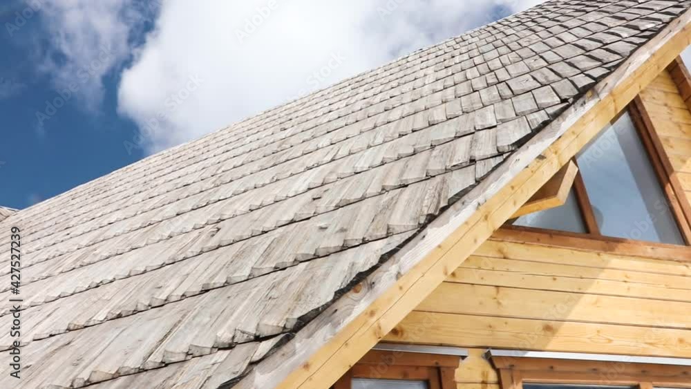 Exterior Of A Wooden Mountain House And Roof Made Of Shingles Exterior Of A Wooden Mountain House And Roof Made Of Shingles