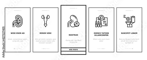 Nephritis Kidneys Onboarding Mobile App Page Screen Vector. Kidneys Stones And Infection, Cancer And Cyst, Bloody Urine And Frequent Urination Illustrations