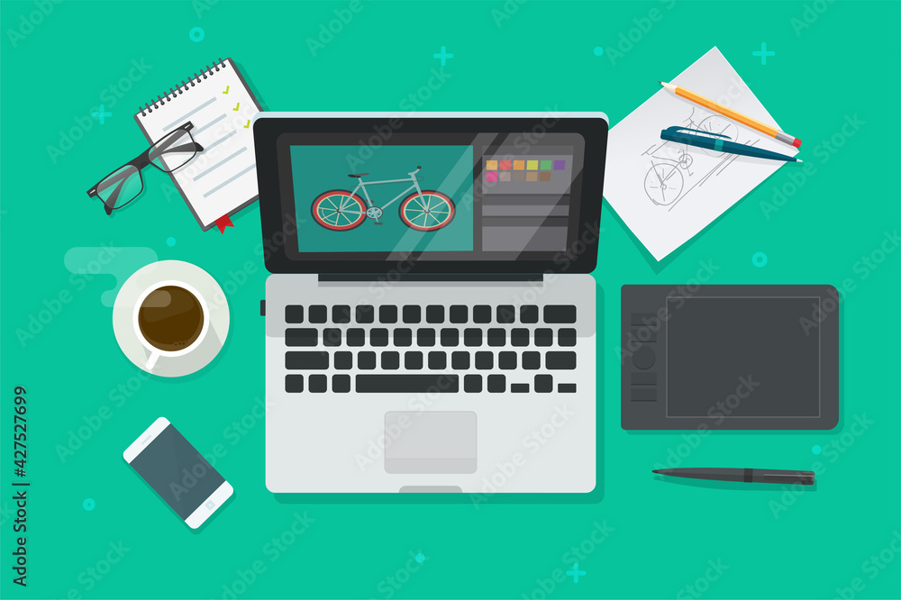 Workplace table of digital graphic web designer vector flat cartoon illustration top view, desktop or working desk for art illustrator on laptop computer software with tablet design Workplace table of digital graphic web designer vector flat cartoon illustration top view, desktop or working desk for art illustrator on laptop computer software with tablet design