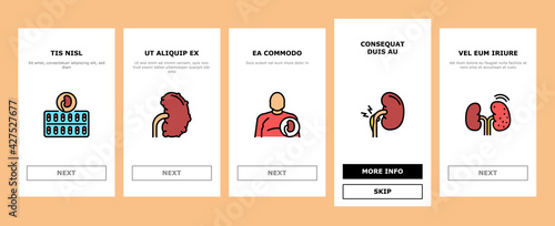 Nephritis Kidneys Onboarding Mobile App Page Screen Vector. Kidneys Stones And Infection, Cancer And Cyst, Bloody Urine And Frequent Urination Illustrations