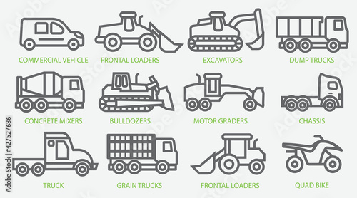 Icon set of construction equipment. Special machines for the construction work. Special equipment. Commercial Vehicles. Vector stock illustration.