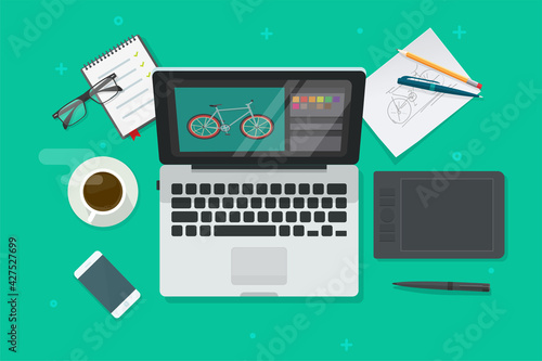 Workplace table of digital graphic web designer vector flat cartoon illustration top view, desktop or working desk for art illustrator on laptop computer software with tablet design