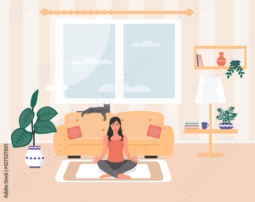 Yoga at home. The woman is engaged in meditation. Vector illustration in cartoon style.