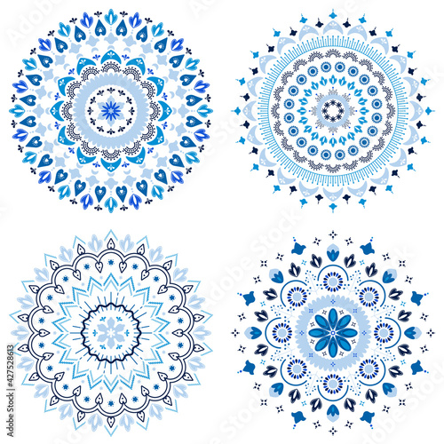 Abstract blue mandala ornament set. Blue floral illustration for print on fabric