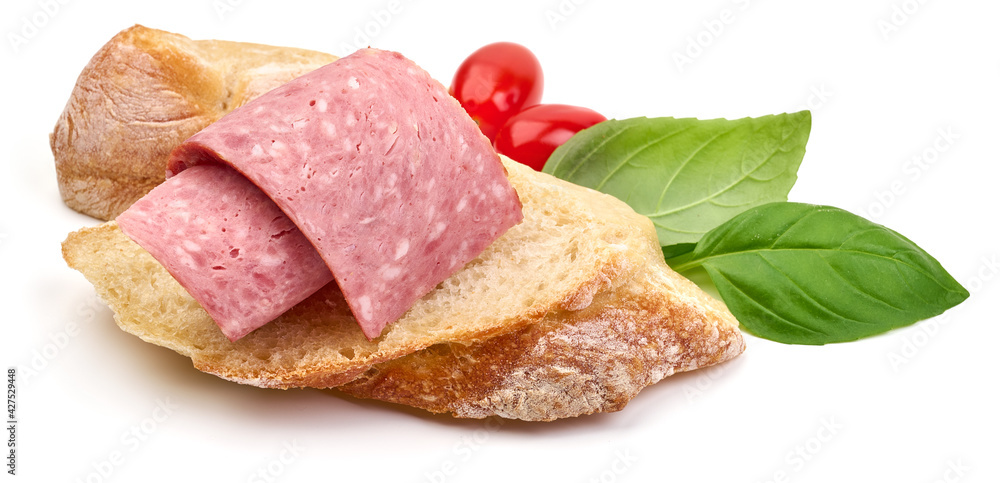 Salami sausage sandwich, isolated on white background. High resolution image.
