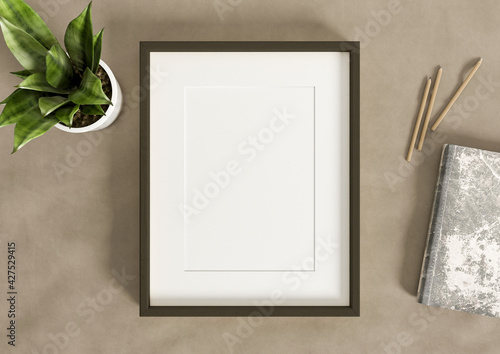 Single 8x10 Vertical Black Frame mockup on a textile cover with decorations. 3D Rendering