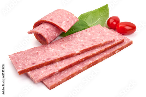 Salami sausage slices, isolated on white background. High resolution image