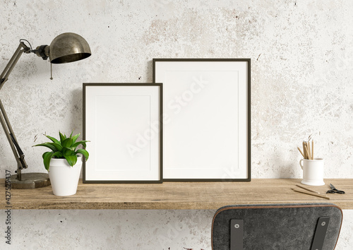 Double 8x10 Black Frames Mockup on wooden desk with green plant and decorations. 3D Rendering