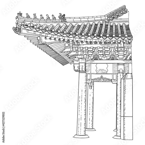 Chinese temple or Buddhist monastery with gates fragment. Traditional China house of worship. Classic Asian religious building and landmark. Chinese cultural and spiritual architecture. Vector.