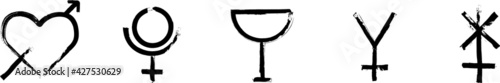 Symbols for Greek Mythology signs. Set of the ancient glyphs. Eros (Cupid), Hades (Pluto), Hebe (Juventas), Hephaestus (Vulcan), Hera (Juno). Black ink handwriting. Vector