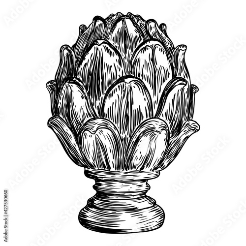 Brass or stone pineapple finial hand drawing. Detailed architecture design element. Vector.