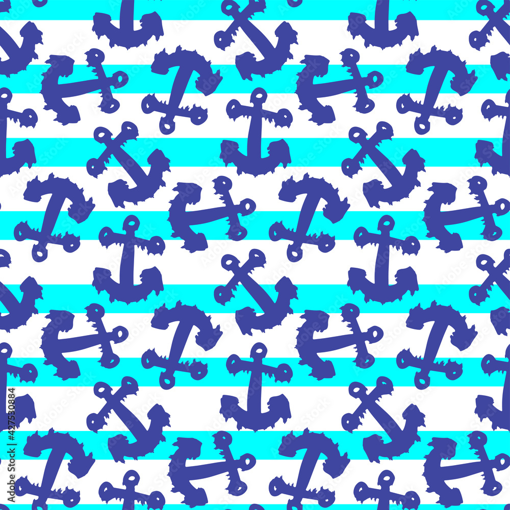 Blue ship anchors and stripes isolated on white background. Cute striped seamless pattern. Vector simple flat graphic hand drawn illustration. Texture.