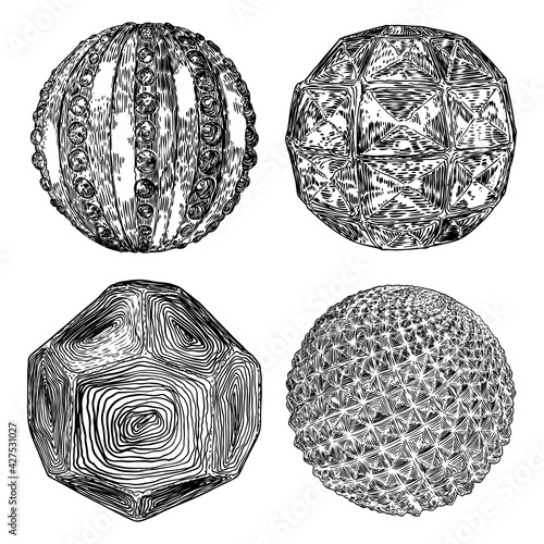 Set of decorative balls in hand drawn style. Abstract magic balls or mysterious orbs with holes, 3d printing sphere crystal. Vector.
