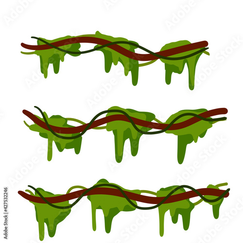 Set of branches with moss and green grass. Part of scenery of jungle.