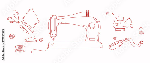 Sewing machine and sewing accessories. Doodle style, vector. Isolated background.