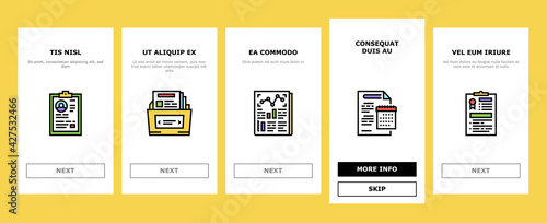 Reports Documentation Onboarding Mobile App Page Screen Vector. Scientific And Business, Medical And Financial, Ecology, Technical And Social Reports Illustrations
