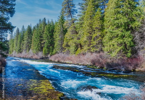 View of the Metolius River from the bridge to Wizard Falls Fish Hatchery near Camp Sherman Oregon