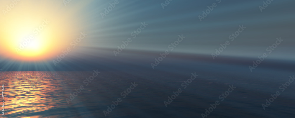 Obraz premium sunset sea sun ray clear sky. 3d rendering