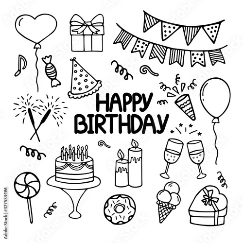 Set of Happy Birthday doodles. Sketch of party decoration, gift box, cake, party hats.
 Hand drawn vector illustration isolated on white background.
