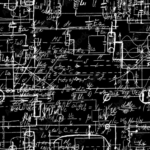 Scientific seamless texture with handwritten formulas and electronic components. Drawing of various graph solutions on chalk boards. Physics and schematic diagram and circuit of  the devices. Vector.