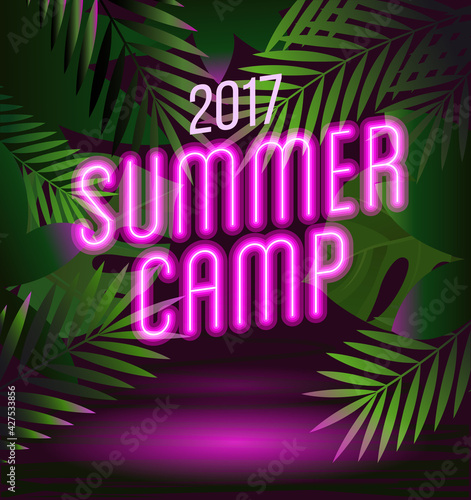 Traveling template poster ,vector illustration. Holiday party poster with palm leaf and lettering Summer Camp. Summer time background
