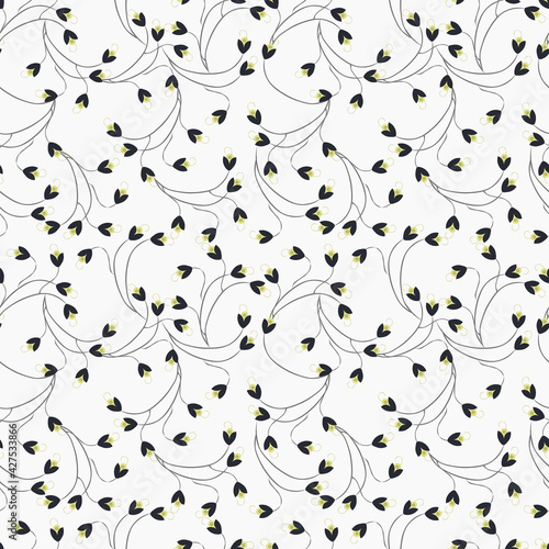 Ditsy pattern. Vector floral seamless texture. Abstract background with simple small flowers on twigs. Liberty style wallpapers. Black, green and white color. Elegant repeat design for decor, textile