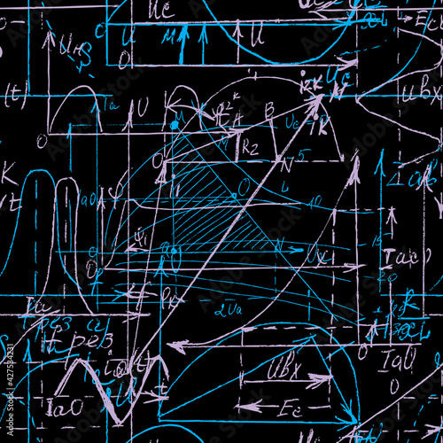 Seamless pattern of Math and Geometry, endless handwriting and drawing of various graph solutions on chalk boards. Mathematics subjects graphics. College lectures. Vector.