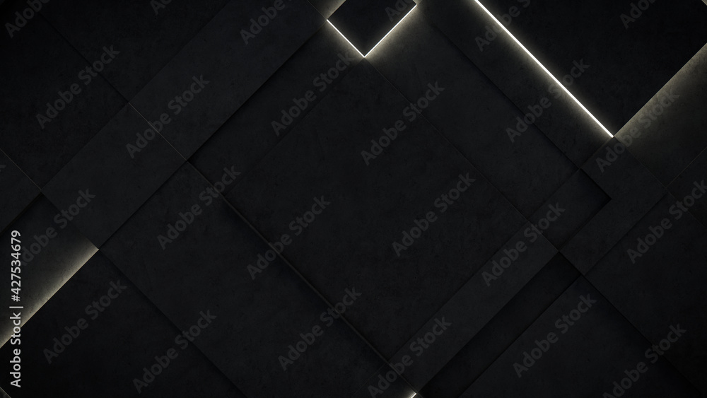 Dark, Concrete wall background, with integrated White light strips. Geometric Tech Wallpaper with Illuminated, Futuristic, 3D Blocks. 3D render Dark, Concrete wall background, with integrated White light strips. Geometric Tech Wallpaper with Illuminated, Futuristic, 3D Blocks. 3D render
