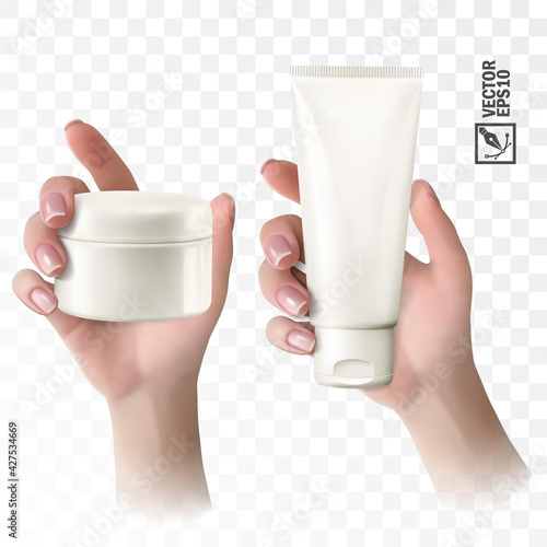3d realistic vector hand holding cosmetic tube and jar for advertising