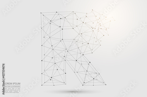 The destruction  volumetric 3D letters dark gray on a white background. Consist of triangles, circles, lines, points and spider webs. Vector illustration eps 10.