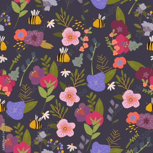 Seamless pattern with Summer Plants and Flowers on dark Background