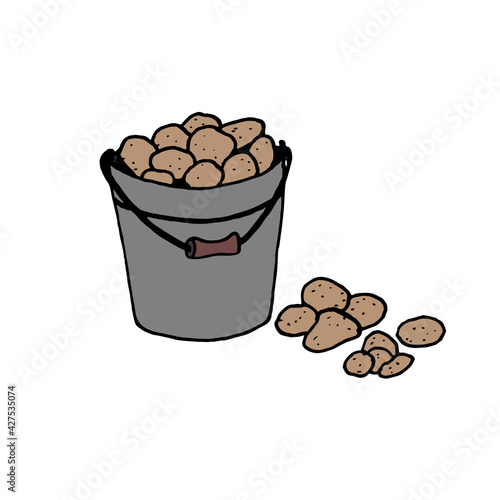 A metal gray bucket filled with potatoes. Collection and storage of seasonal vegetables. Flat vector illustration in doodle style.