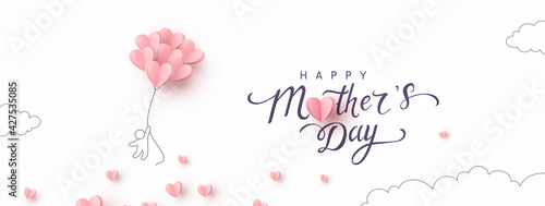 Mother's Day postcard with flying man and pink balloons on white background. Vector paper symbols of love in shape of heart for greeting card design