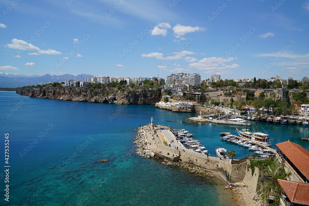 Yacht marina. The beautiful View of the city, yachts and marina in Antalya. Antalya is popular tourist destination in Turkey is a district on the Mediterranean coast. 