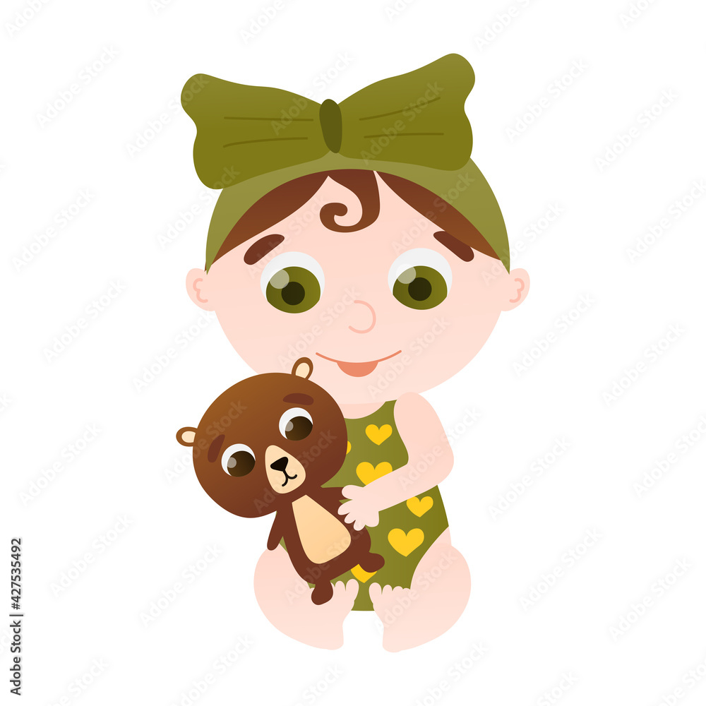 Little cute girl embracing teddy bear, toddler in grenn singlet in cartoon style isolated on white background, baby Little cute girl embracing teddy bear, toddler in grenn singlet in cartoon style isolated on white background, baby