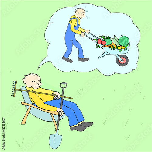 Lazy man has dozed off and dreams that he is working. Wonderful harvest. Illustration in color