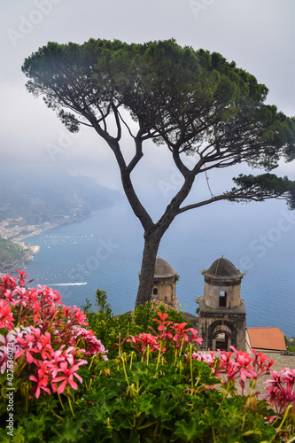 Beautiful view in Ravello to the Mediterranean Sea, Amalfi Coast in summer in Italy. 